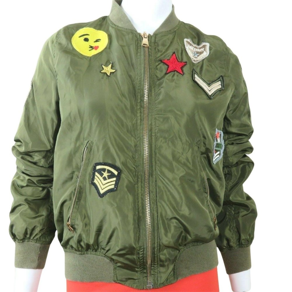 IT GIRL Flight Bomber Varsity Jacket Womens M Army Green Nylon Zip Patches